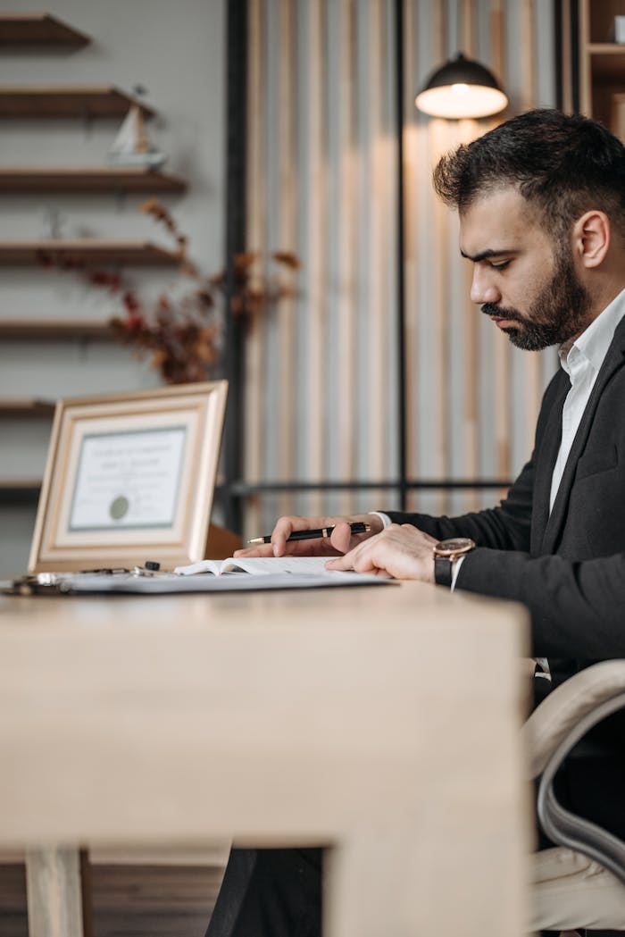 ours-journey Professional man in suit writing at desk in stylish office. Ideal for business themes.